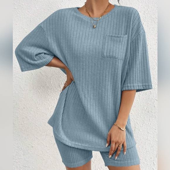 Blue Ribbed Women's Shorts Set - Picture 6 of 10